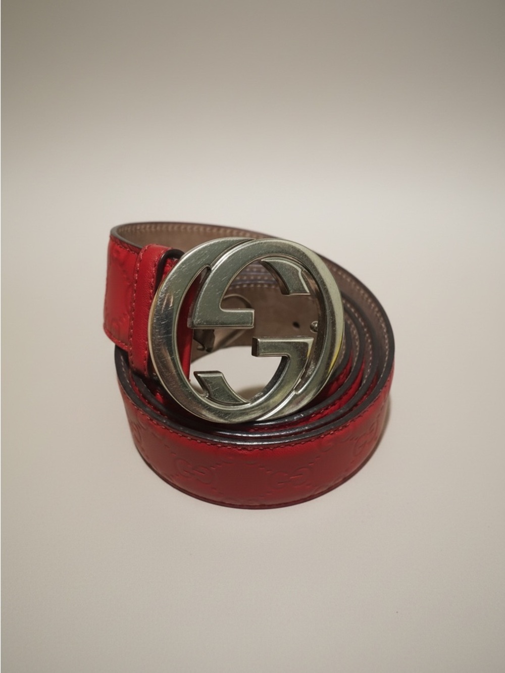 Gucci Red Patent Leather Belt with Silver Interlocking G Buckle